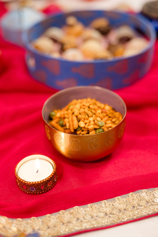 Gold Paisley Patterned Metal Bowls with Purple Gloss Interior